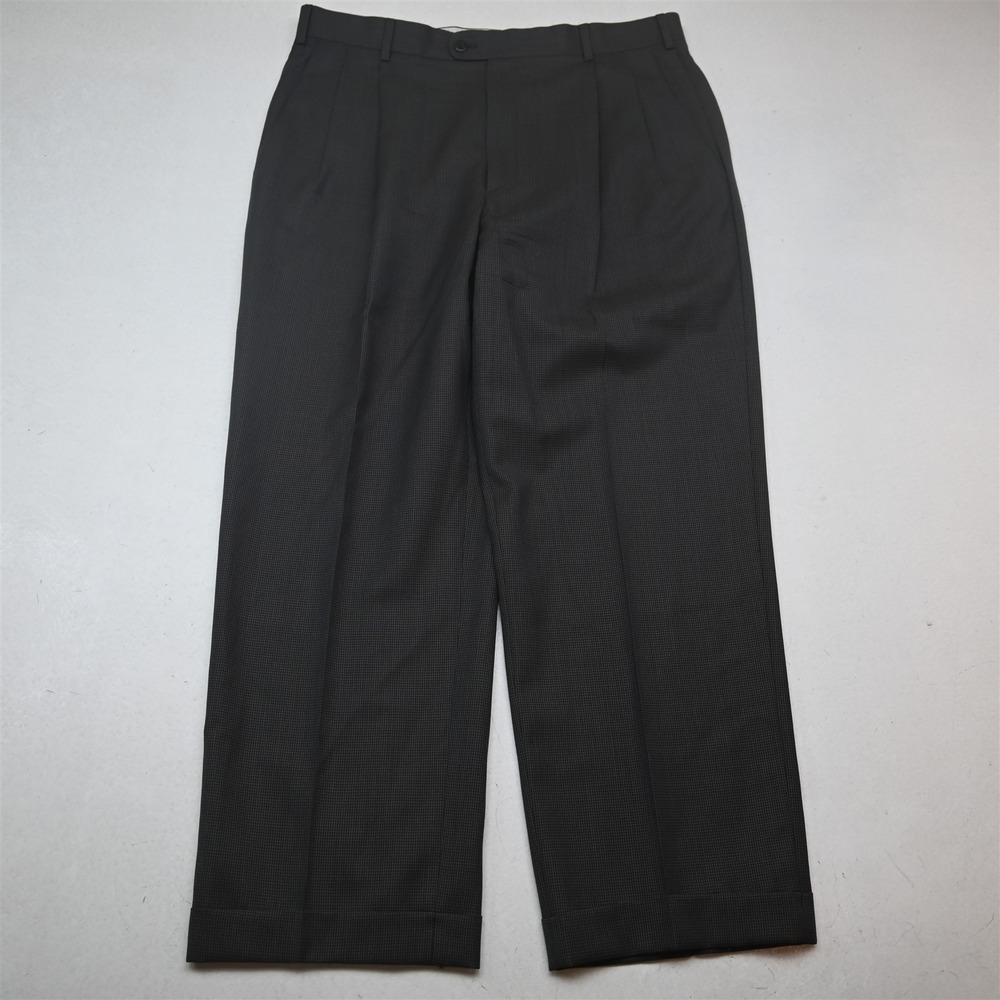 Zanella‎ 34x28 Taupe Check 100% Wool Italy Bennett Pleated Cuffed Dress Pants